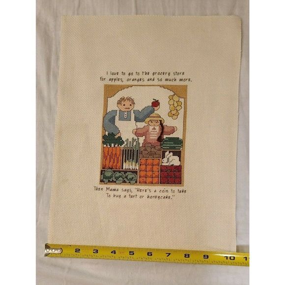 Vtg FINISHED CROSS STITCH Needlepoint Girl and Clerk Market‎ Scene quote 13" - Picture 4 of 5
